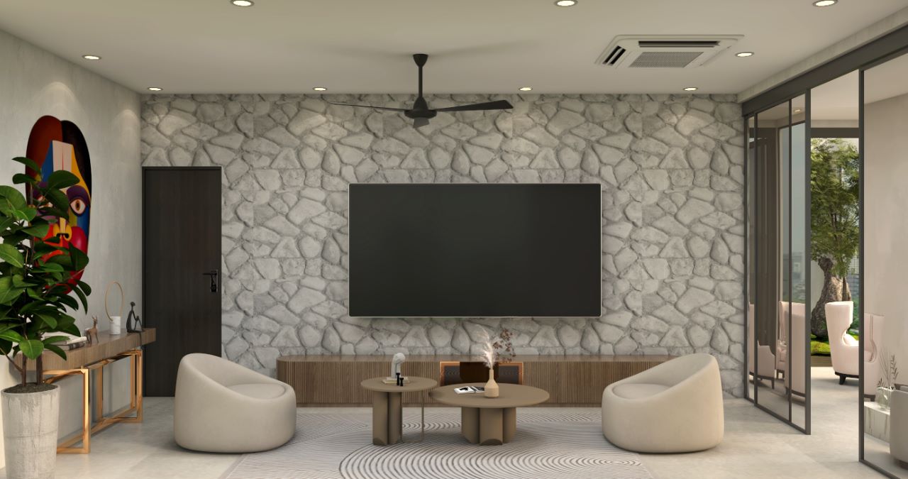Modern Living Room with Stone Wall